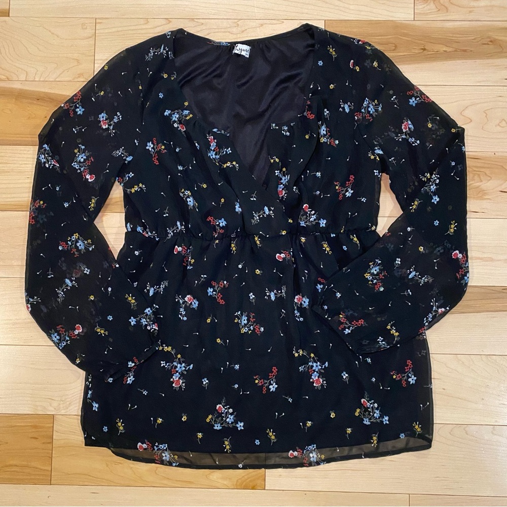Maternity Black Floral V-Neck Long-Sleeve Blouse